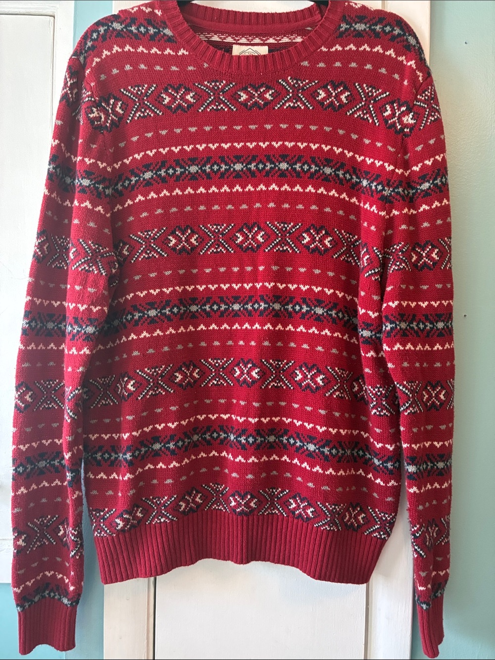 Vintage St. John's Bay Red Fair Isle Crewneck Sweater with Black & White Accents